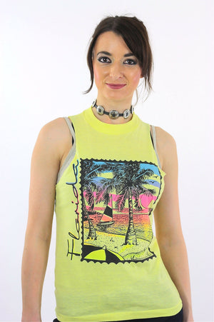 Florida shirt 90s Graphic yellow Tank top sleeveless sailboat print beach tshirt Hipster cutoff Small - shabbybabe
 - 2