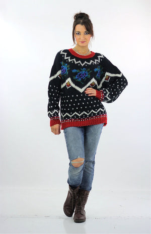 Geometric sweater black hand knit zigzag Polka dot Nordic 80s Grunge Oversize Pullover Hipster Large - shabbybabe
 - 5