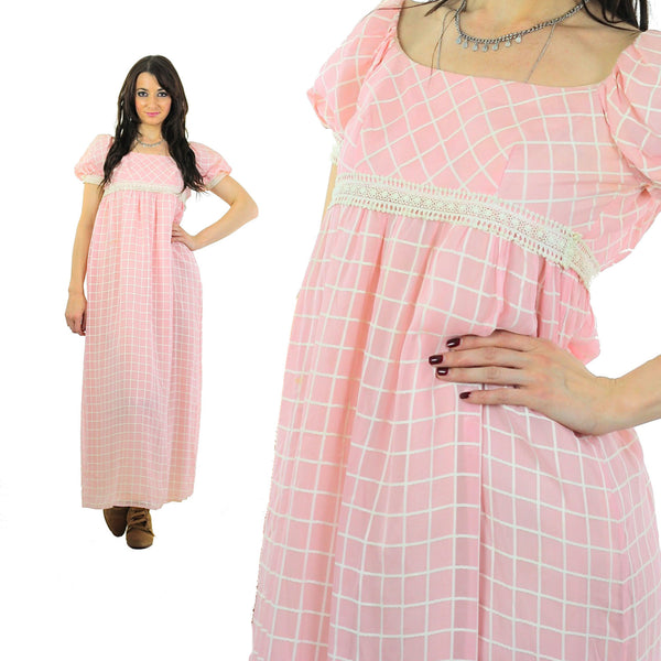 Prairie Maxi Dress Pastel pink Checkered Vintage 70s Sheer lace Puff sleeve Babydoll High waisted maxi long Tunic Small - shabbybabe
 - 1