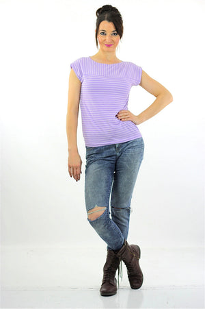 striped shirt short sleeve Vintage 1980s oversize slouchy retro purple white pastel striped blouse Medium - shabbybabe
 - 5