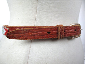 Brown leather belt woven beaded tribal abstract skinny belt narrow tan belt S - shabbybabe
 - 2