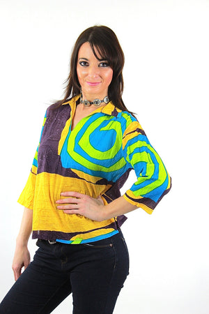 Color block shirt Vintage 1980s abstract new wave Neon yellow Geometric  top - shabbybabe
 - 2