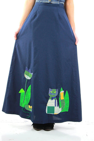 Patchwork maxi skirt Vintage 1970s navy blue boho Festival appliqu̩ cat animal skirt Full floral retro Medium - shabbybabe
 - 2