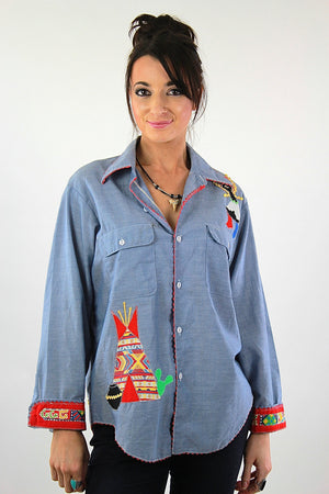Southwestern boho Chambray Patchwork appliqué  art shirt - shabbybabe
 - 2