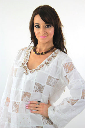 White lace patchwork angel sleeve beach cover tunic top dress - shabbybabe
 - 6
