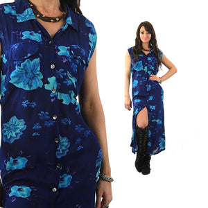 Grunge Blue tropical floral Dress sleeveless Button down Plus size - shabbybabe
 - 2