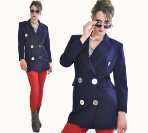 80s double breasted jacket blazer metal buttons navy blue - shabbybabe
 - 3