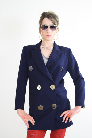 80s double breasted jacket blazer metal buttons navy blue - shabbybabe
 - 5