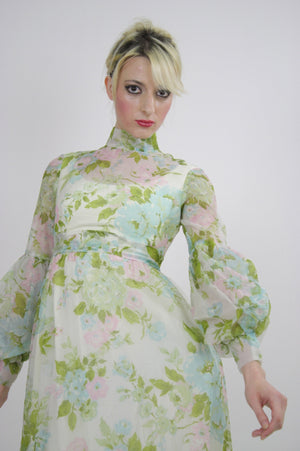 Vintage 70s Sheer Pastel Floral Boho Maxi Dress - shabbybabe
 - 5