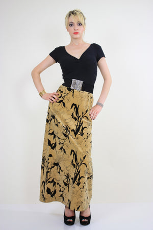 Vintage 70s Boho cotton velvet tan floral maxi skirt - shabbybabe
 - 4