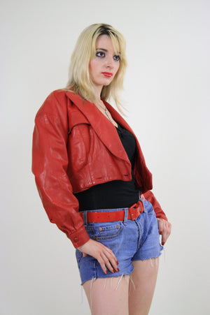 Vintage 80s cropped red leather moto jacket - shabbybabe
 - 3