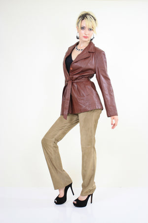 Vintage 70s Brown Leather belted jacket blazer - shabbybabe
 - 5