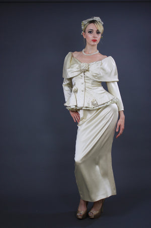 60s silk bridal off shoulder wiggle wedding dress - shabbybabe
 - 2