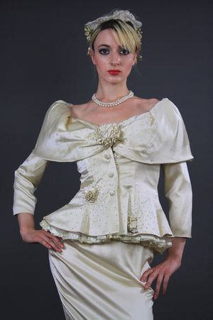 60s silk bridal off shoulder wiggle wedding dress - shabbybabe - 4