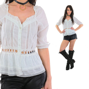 90s White lace top Vintage Festival sheer Hippie Shirt - shabbybabe
 - 5
