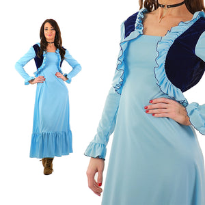 Boho Maxi Dress Blue Velvet long sleeve Hippie festival Party Medieval Small