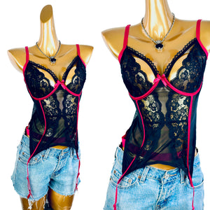 Vintage goth coquette black lace bustier corset top