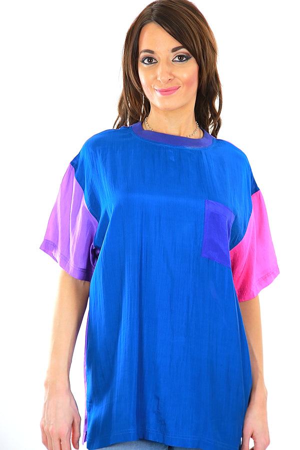 80s Color block shirt Silk blue pink slouchy oversized Tee shirt sleeve blouse