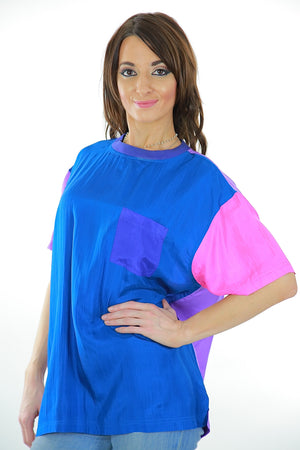80s Color block shirt Silk blue pink slouchy oversized Tee shirt sleeve blouse