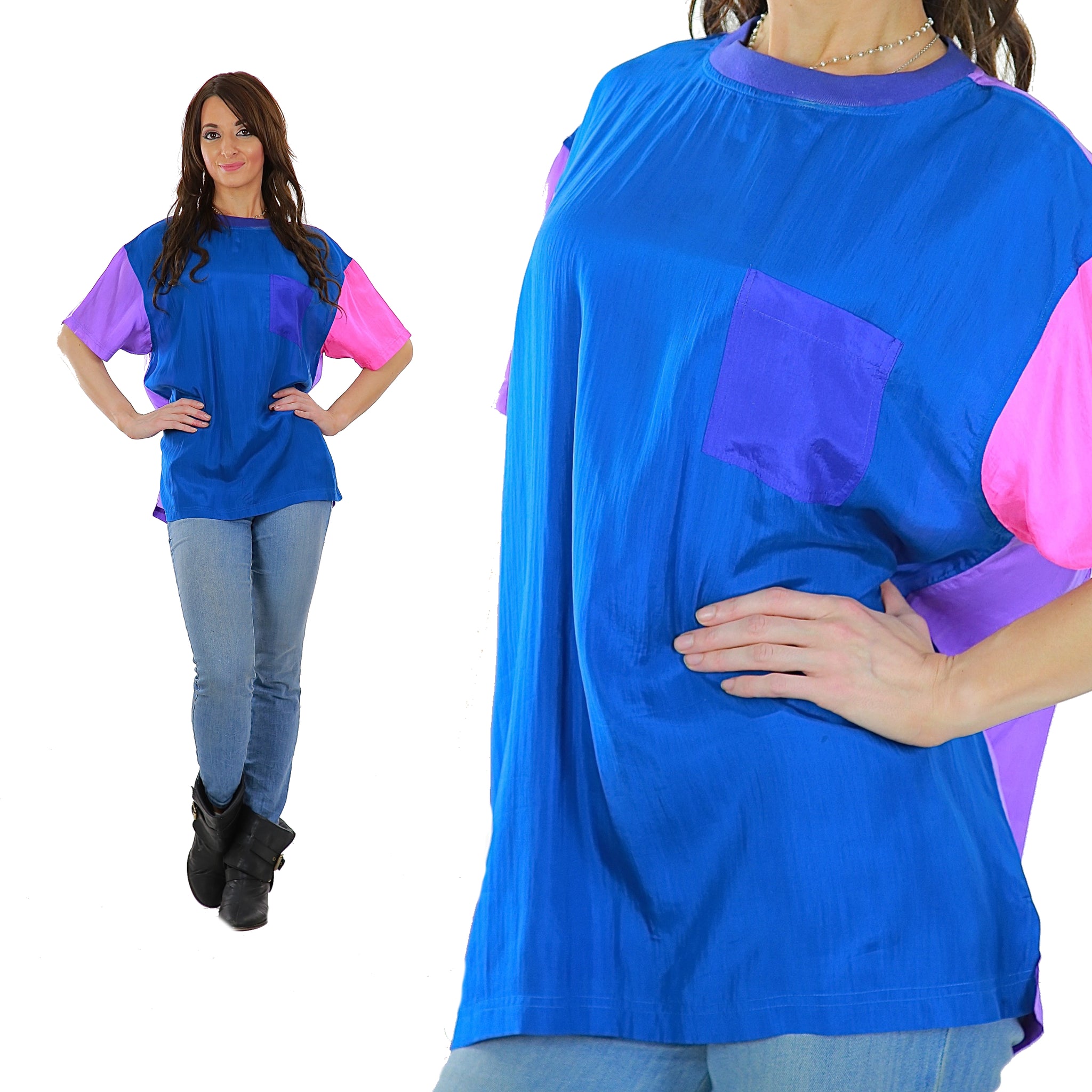 80s Color block shirt Silk blue pink slouchy oversized Tee shirt sleeve blouse
