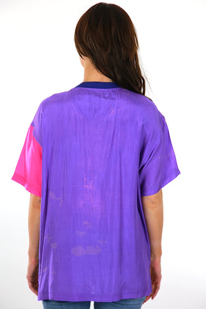 80s Color block shirt Silk blue pink slouchy oversized Tee shirt sleeve blouse