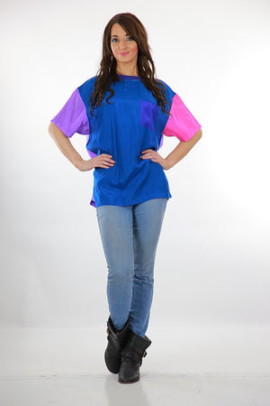 80s Color block shirt Silk blue pink slouchy oversized Tee shirt sleeve blouse