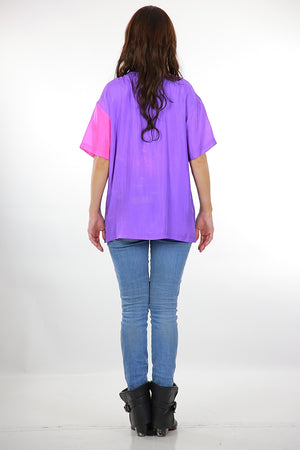 80s Color block shirt Silk blue pink slouchy oversized Tee shirt sleeve blouse