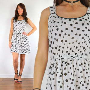 Black and white polka dot dress retro belted sleeveless polkadot mini dress M Medium
