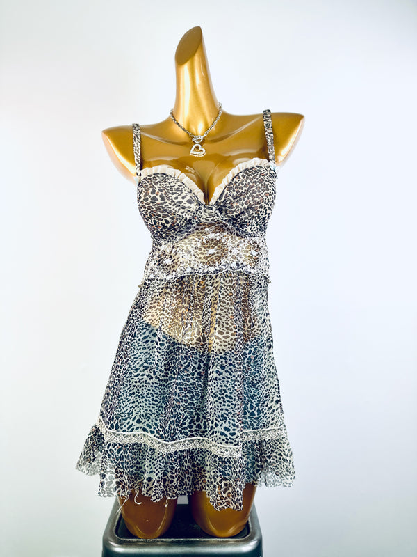 Vintage leopard print mesh bustier babydoll top