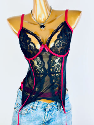 Vintage goth coquette black lace bustier corset top