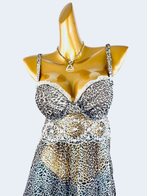 Vintage leopard print mesh bustier babydoll top
