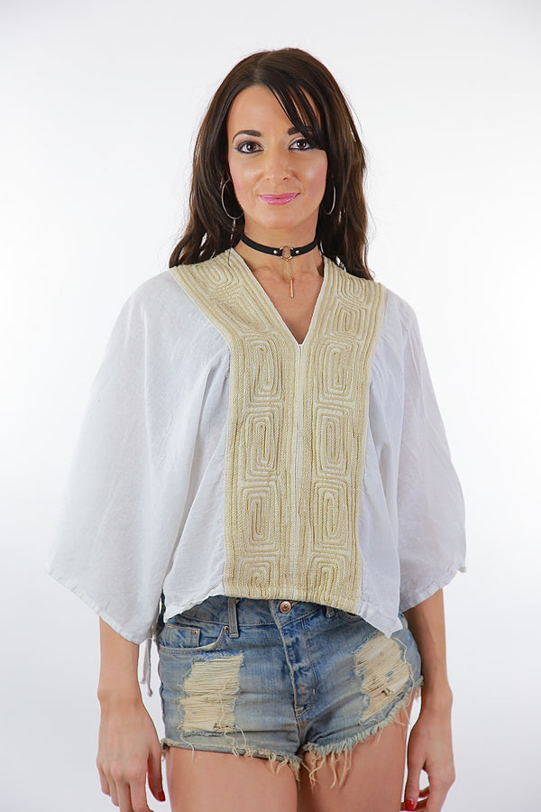Embroidered boho blouse sheer white Vintage 70s lace up boho Hippie M