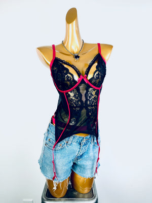 Vintage goth coquette black lace bustier corset top