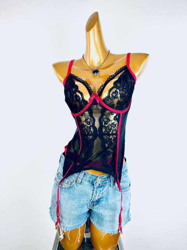 Vintage goth coquette black lace bustier corset top