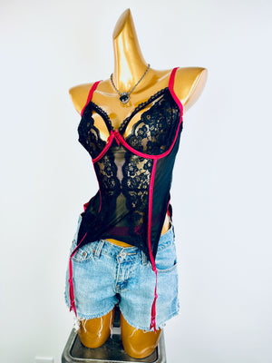 Vintage goth coquette black lace bustier corset top