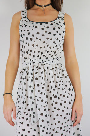Black and white polka dot dress retro belted sleeveless polkadot mini dress M Medium