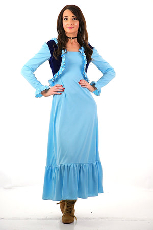 Boho Maxi Dress Blue Velvet long sleeve Hippie festival Party Medieval Small