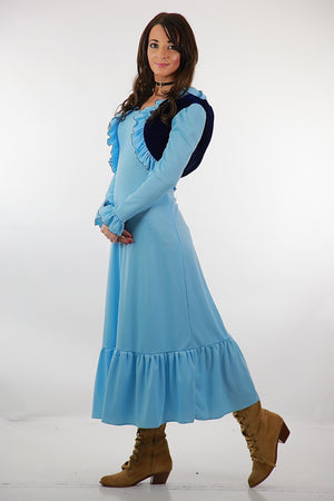 Boho Maxi Dress Blue Velvet long sleeve Hippie festival Party Medieval Small