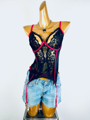 Vintage goth coquette black lace bustier corset top
