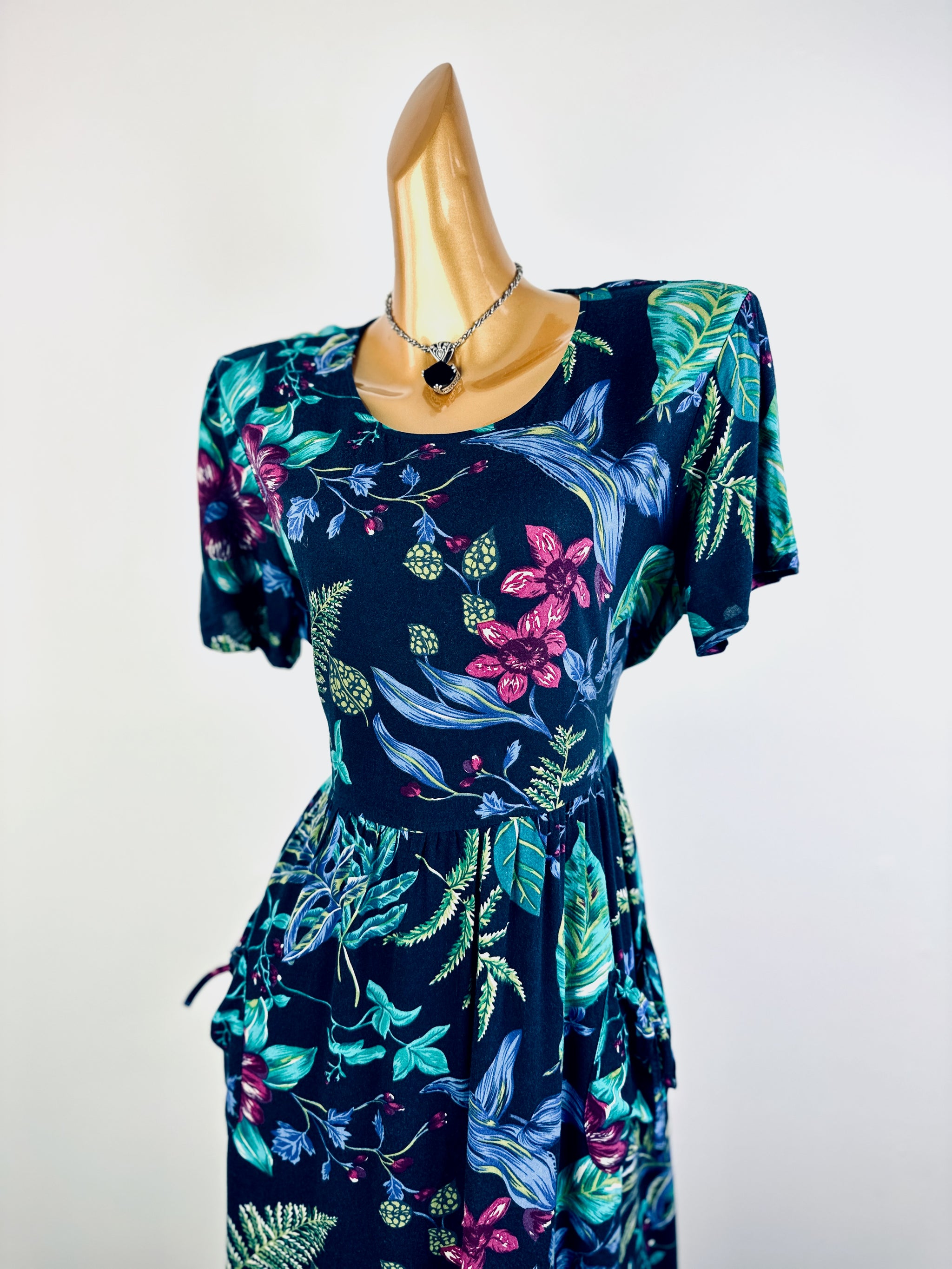 90s floral grunge dress Starina vintage 90s short sleeve button front cabbage rose/ grunge floral pattern maxi dress with shoulder pads, size S $36 *Will be available in store on our featured Instagram rack beginning Saturday