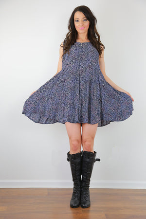 Ditsy grunge dress vintage 90s blue abstract floral oversized loose fit dress L
