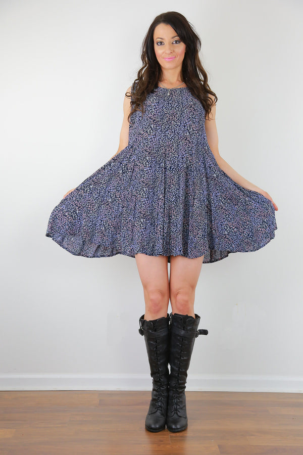 Ditsy grunge dress vintage 90s blue abstract floral oversized loose fit dress L