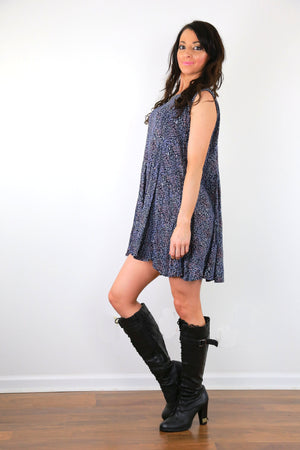 Ditsy grunge dress vintage 90s blue abstract floral oversized loose fit dress L