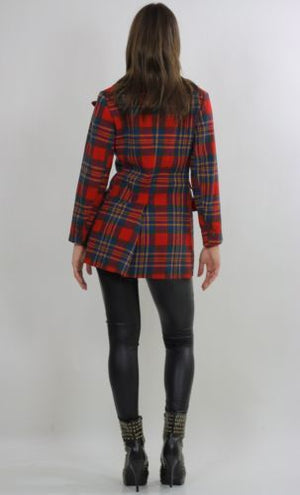 Vintage 70s mod boho red tartan plaid wool jacket blazer top double breasted