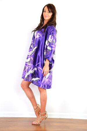 Vintage kimono jacket purple satin white crane bird print boho festival top