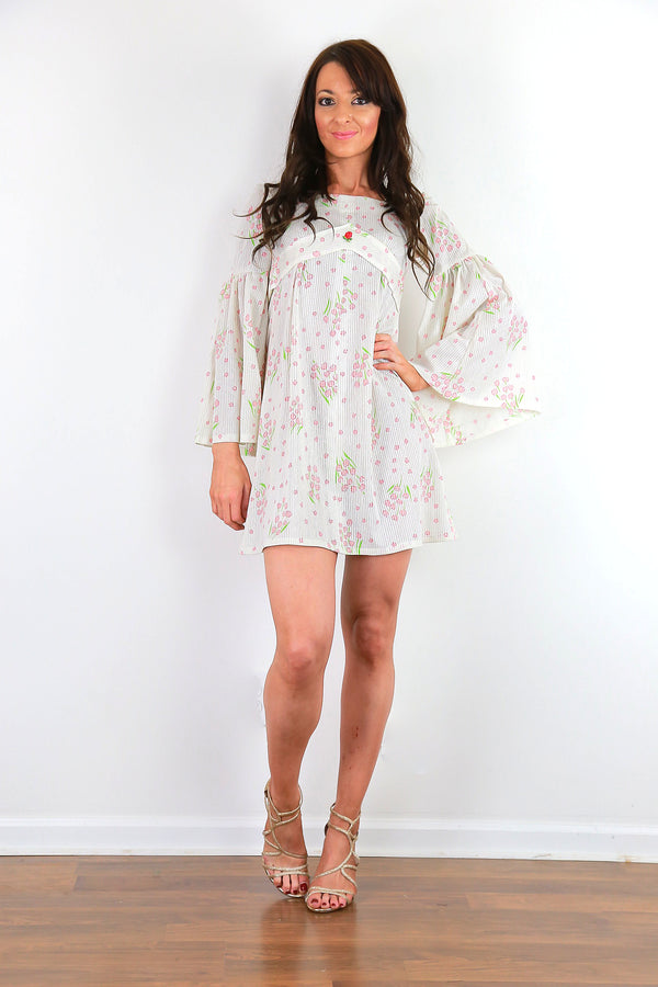 Authentic vintage white boho dress angel sleeve hippie dress