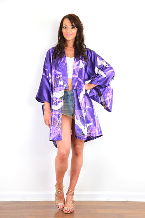Vintage kimono jacket purple satin white crane bird print boho festival top