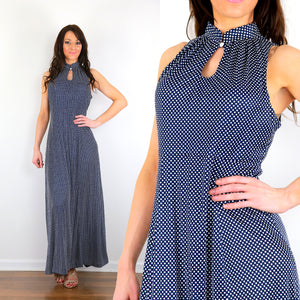 Polka dot maxi dress Genuine vintage 70s high neck navy long dress