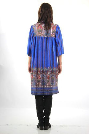 Vintage 60s 70s boho hippie blue paisley border print shift dress