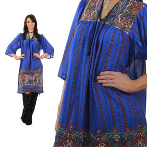 Vintage 60s 70s boho hippie blue paisley border print shift dress